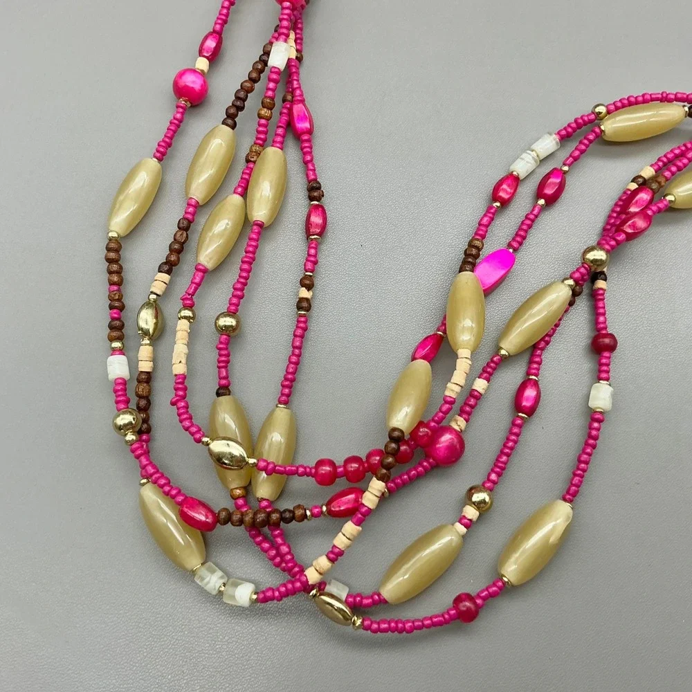 Chico's Necklace Pink Brown Multi Strand Seed Bead Statement Boho Gold Tone